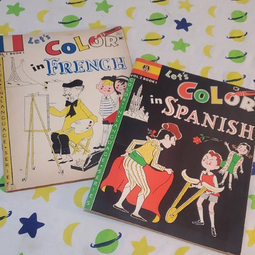 1962 Let's Color in French and Spanish Coloring Books Vintage
